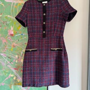 Sandro Women's Tweed Short Sleeve Shift Dress - Burgundy Multicolor